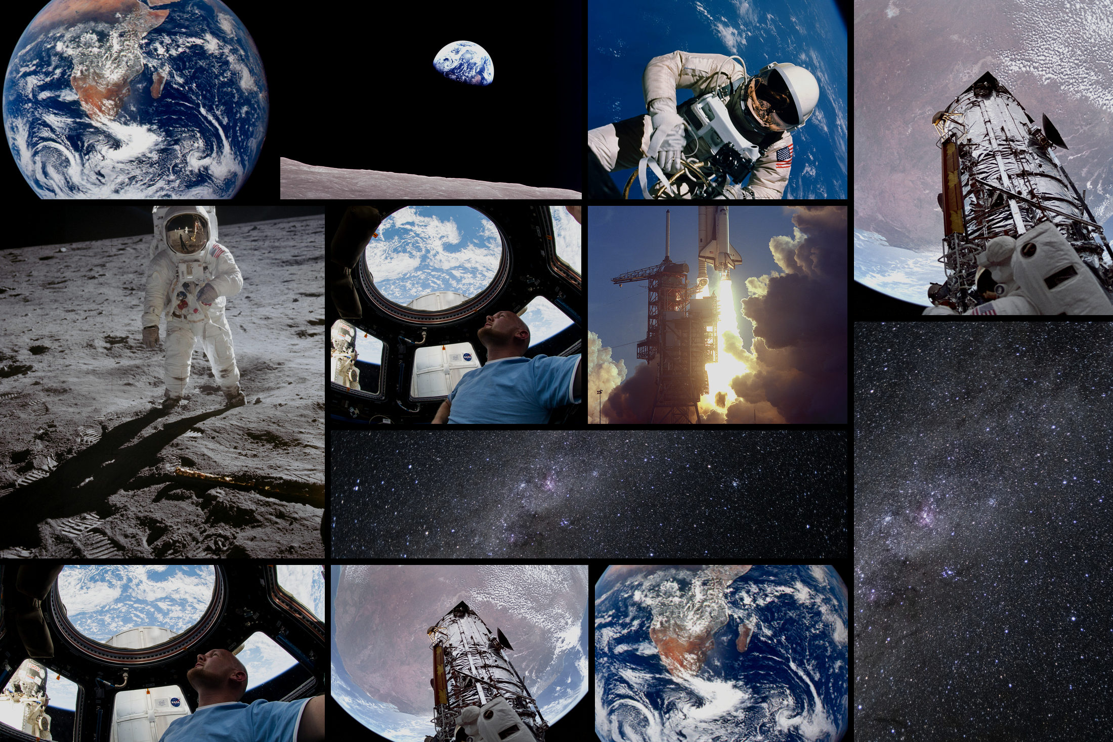 Collage of NASA spaceflight photos showing moonwalks, spacecraft, Earth views, launches, and star fields